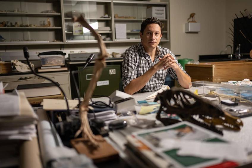 学院研究员帕特里克·奥康纳(Patrick O'Connor)在办公桌前摆姿势，周围是文书和恐龙骨头